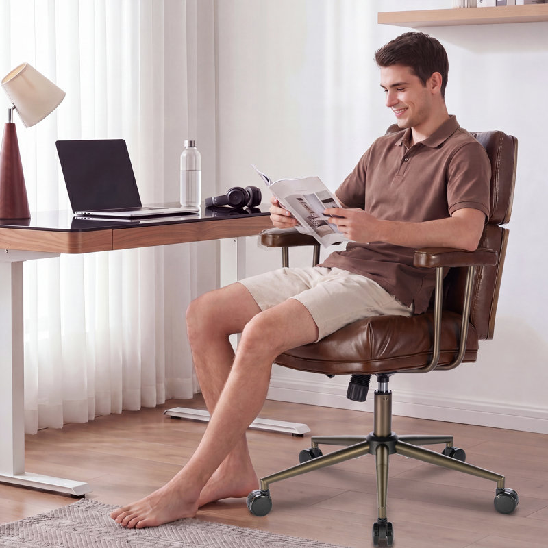 Chaise de bureau ergonomique pivotante en similicuir avec dossier en bois de noyer, Brown