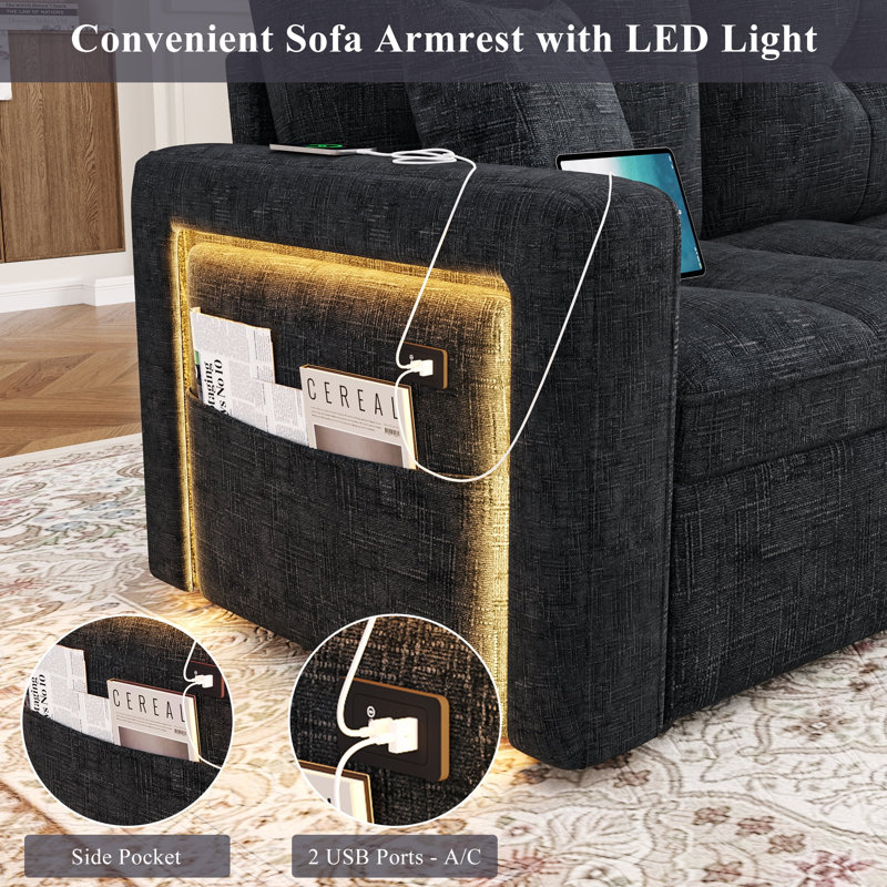 Large Sleeper Sofa Bed With Adjustable Backrest & Led Lights, U-shaped Sofa With Storage Chaise & Charging Port, Black