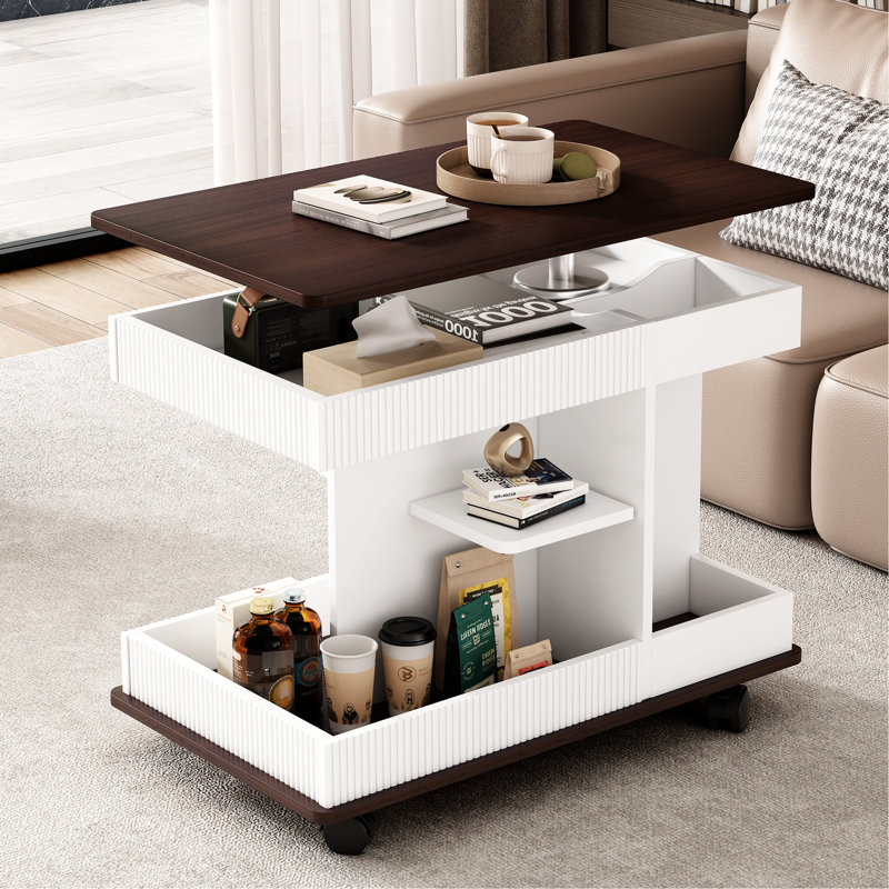 Table de bout multifonctionnelle avec plateau pivotant à 360 degrés, table d'appoint élégante avec rangement, lisse, matériau pour la maison, roues réglables et pratiques et verrouillables, décor de construction