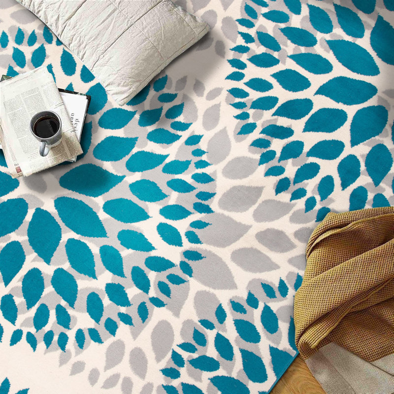 Tapis bleu / ivoire / gris clair à motif floral, Rond 6 pi 6 po