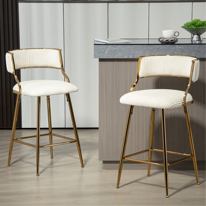 (SET of 2) 26'' Counter height bar stools Corduroy kitchen island counter bar stool with back, base and footrest, White, Gold