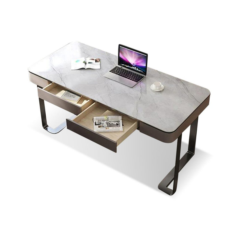 Bureau rectangulaire en pierre frittée avec tiroirs, H 29,53 po x l 55,12 po x P 23,62 po, Gris