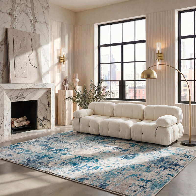 Tapis gris / bleu Gammage, Ivory/Turquoise, Rectangle 8 pi x 10 pi