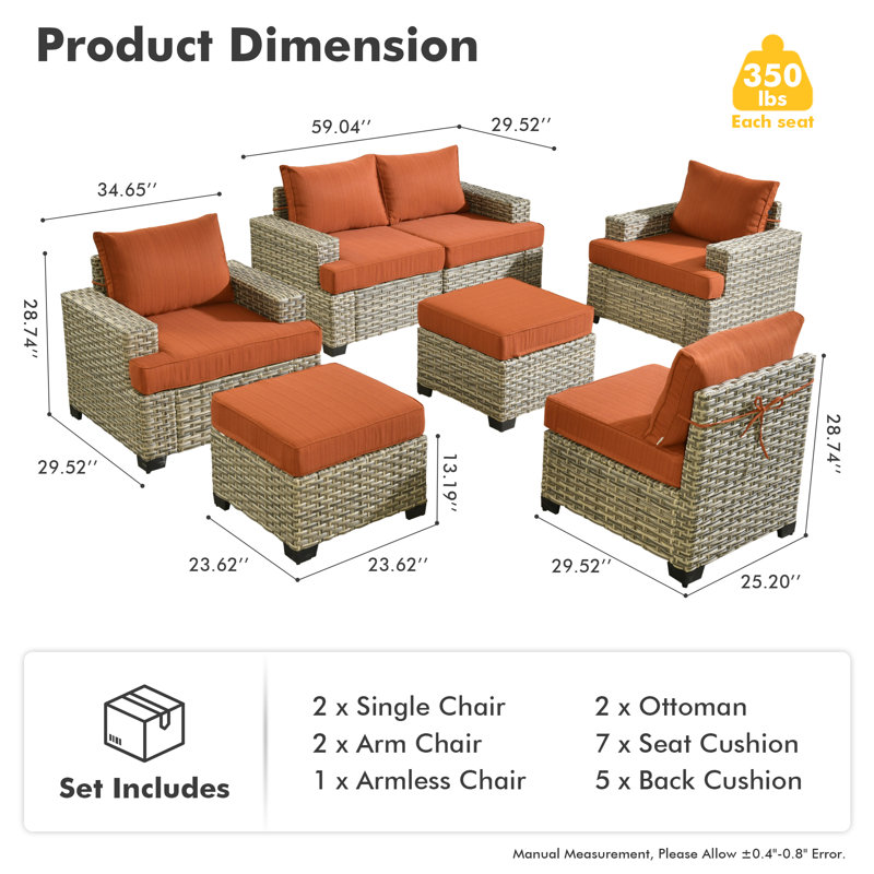 7 Piece Sofa Seating Group With Cushions, Orange Red