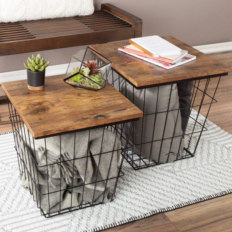End Table with Storage – 2 Piece Nesting Tables – Square Wire Basket Base and Wood Tops – Industrial Farmhouse Style Side Table