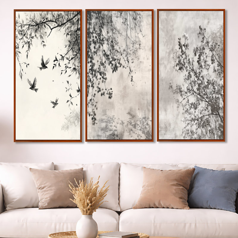 «Black Tree Blooms in a Chinese Ink Landscape - Asian Art», impression sur toile à 3 panneaux, 40" H x 60" W