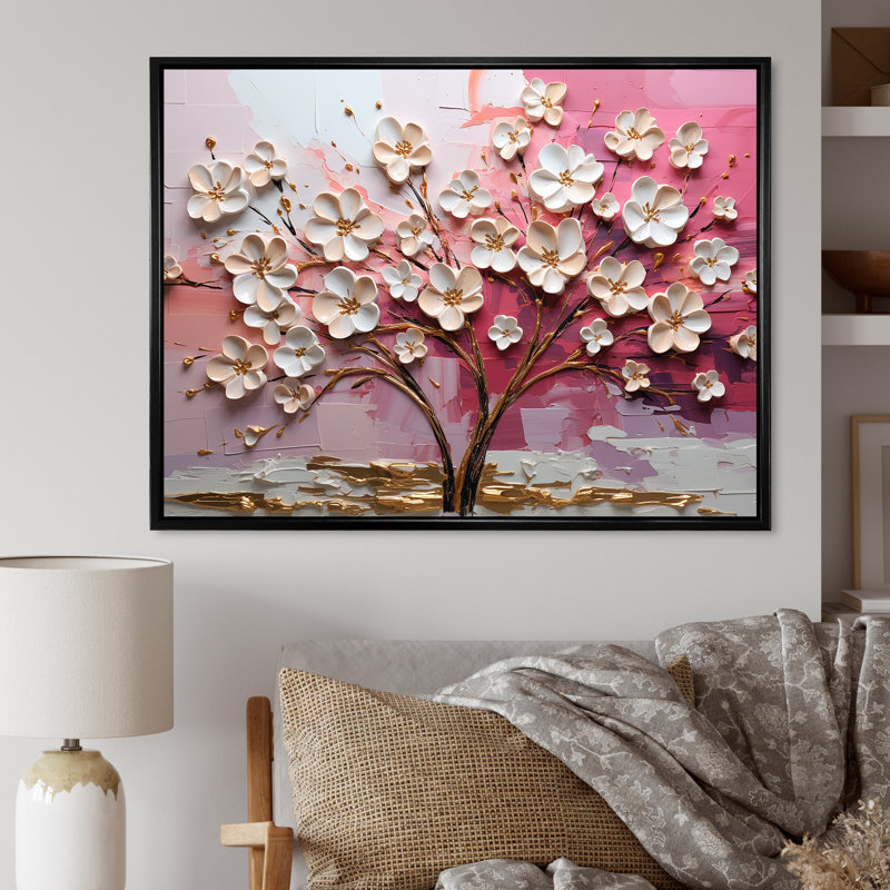 Orchidée rose et or jardin de branches II - art mural arbre, H 12 po x l 20 po x P 1 po, Cadre flottant noir