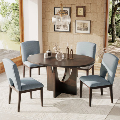 5-Piece Extendable Round Dining Table Set With Removable Leaf For Small Places