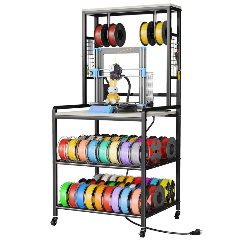 3d Printer Stand With Filament Storage & Power Outlet, Rolling 3d Printer Table For Ender 3/cr-10/prusa/anycubic, Heavy Duty 3-tier Metal Mobile 3d Printer Workstation, Black And Gray