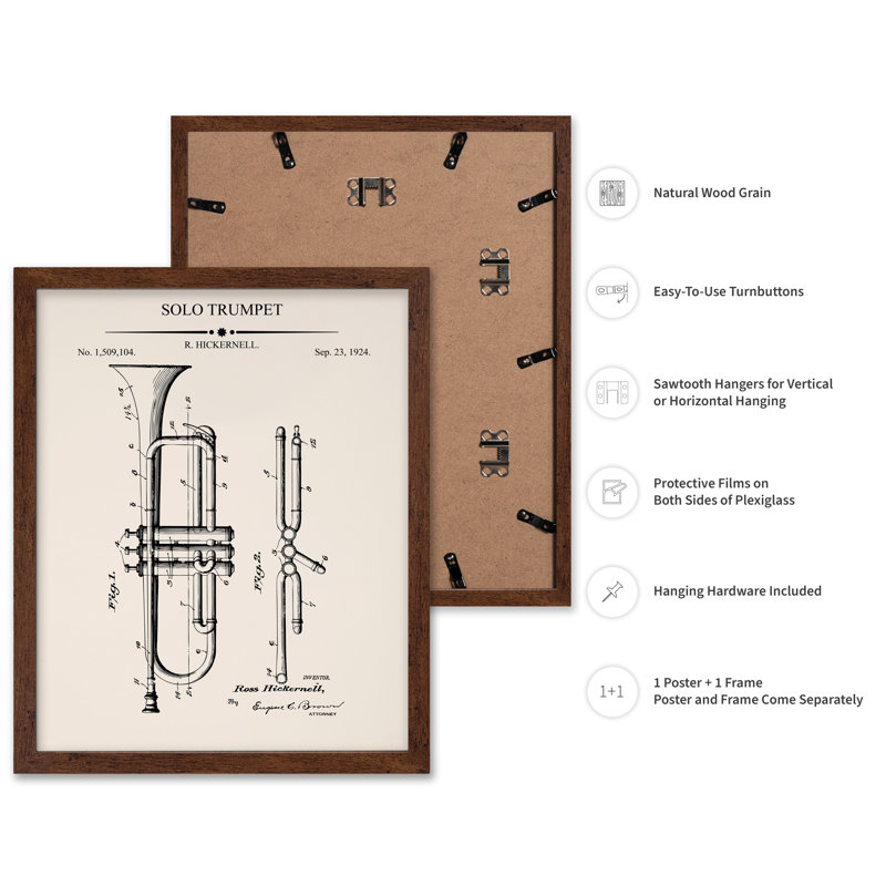 Trompette Blueprint No2, Poster, 08"H x 10"W, Brown Framed