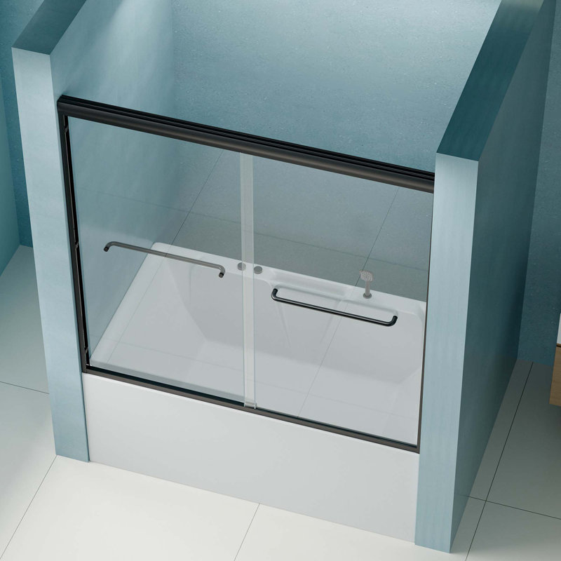 Porte de douche double coulissante, porte de baignoire de dérivation semi-sans cadre, verre trempé avec film antidéflagrant, cadre en alliage d'aluminium réglable