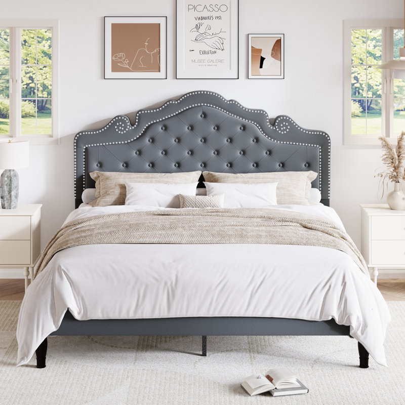 Tête de lit plateforme capitonnée en velours Antonious avec hauteur réglable à 3 niveaux, sans sommier, rangement sous le lit, grand lit, gris