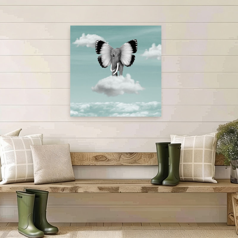 Rêve d'éléphant volant, paysage éthéré et serein avec papillons et éléphants, art mural nature, H 32 po x l 32 po