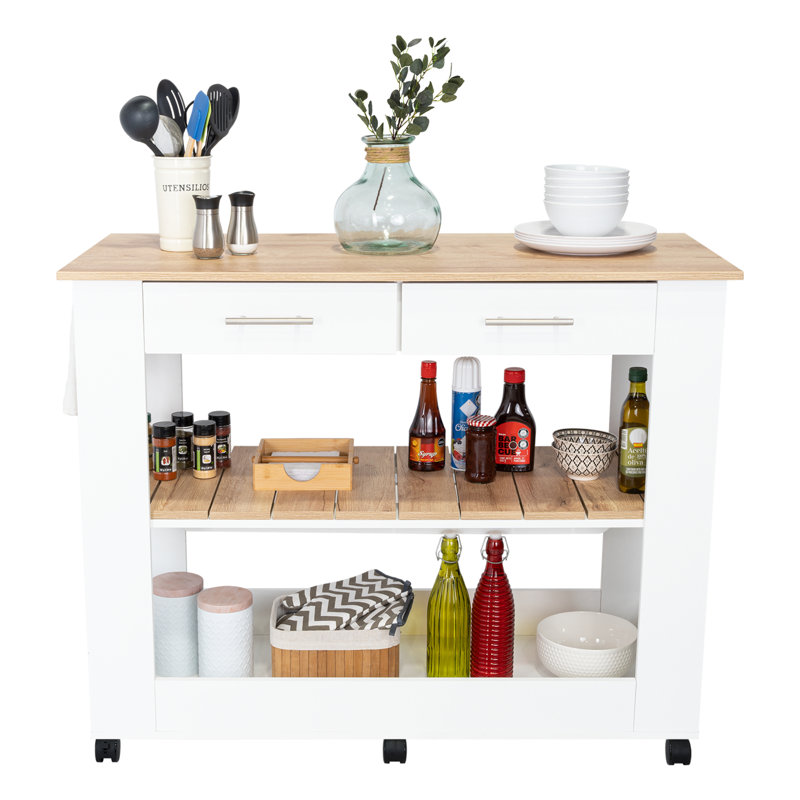 Cala Kitchen Island with Storage and Open Shelves, Freestanding Kitchen Work Table with Drawers , White