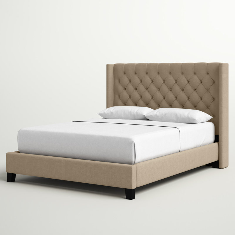 Lit plateforme tapissier Londono, Lin beige chiné, Double