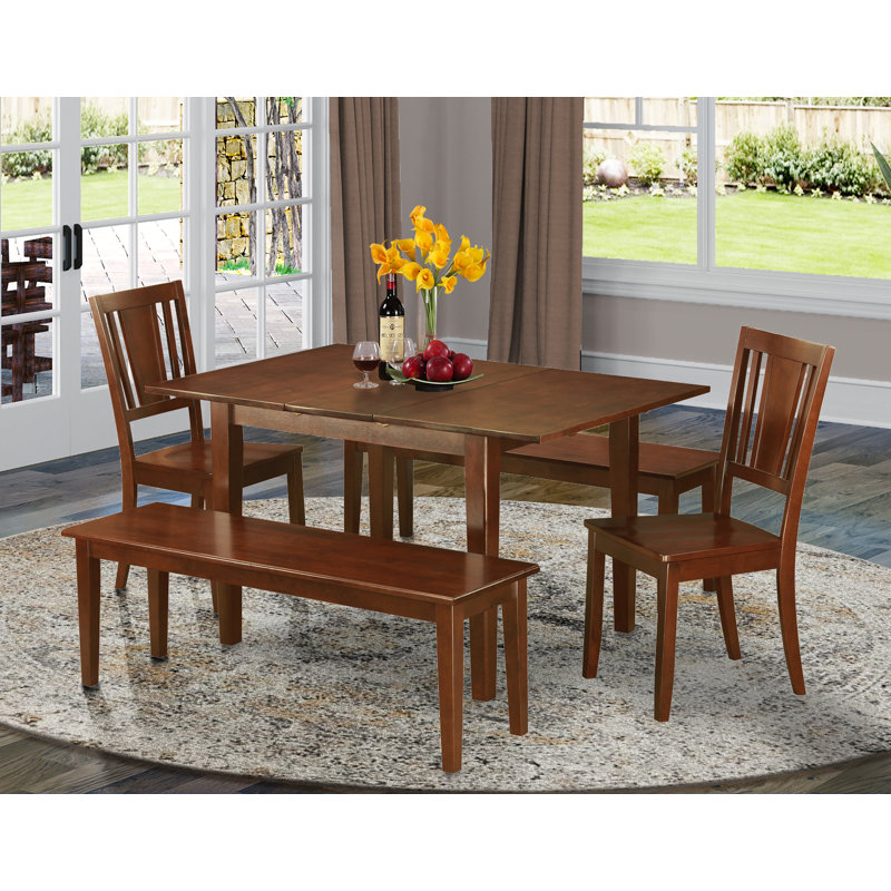 Ensemble de table de salle à manger 5 pièces pour 4 personnes comprenant une table de cuisine rectangulaire avec rallonge papillon et 2 chaises de salle à manger avec 2 bancs, 36 x 54 pouces, acajou