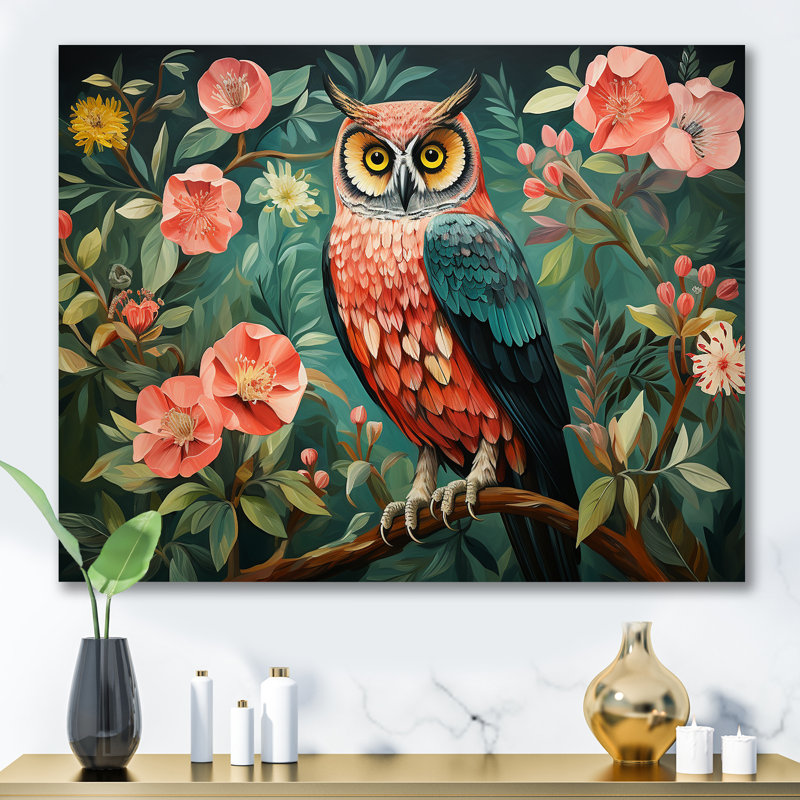 «Pink and Gren Owl In Matisse Style I», art mural hibou, Cadre flottant doré, H 12 po x l 20 po x P 1 po