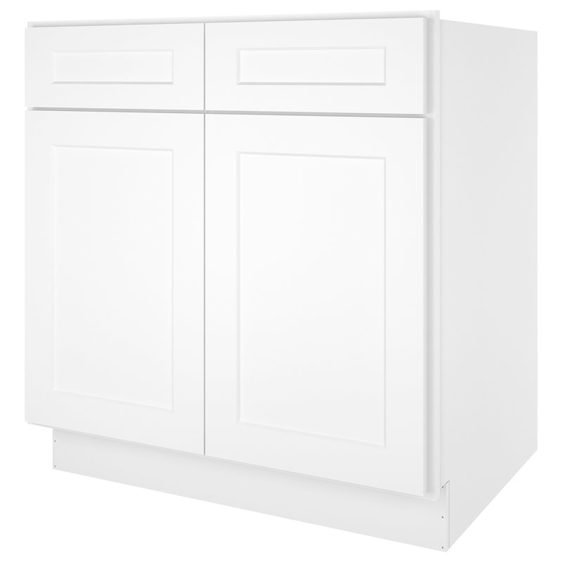 Armoire de base pour évier de cuisine prête à assembler avec tablettes réglables et fermeture en douceur, Blanc shaker