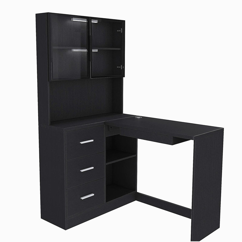 Bureau d'ordinateur avec armoires en verre et lumières DEL intégrées, bureau de coin en L avec ports de chargement USB, plateau à clavier, conception ergonomique pour les espaces de travail à domicile et en entreprise (noir)