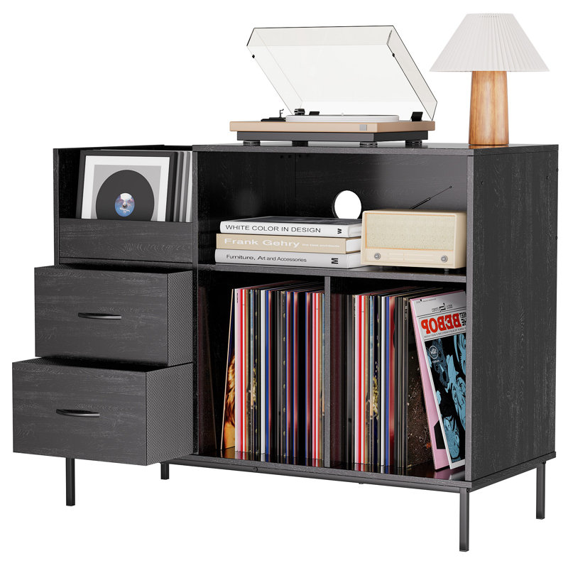 Record Player Stand With Flip-Top - Wood Vinyl Storage Cabinet With 2-Outlet Power Strip, Drawers & Dustproof Cubbies, Media Console