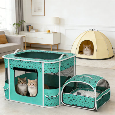 Portable Pet Playpen With Separate Litter Area, Foldable Soft Pet Crate With Mesh Panels, Travel & Indoor Playpen For Dogs, Cats & Small Pets
