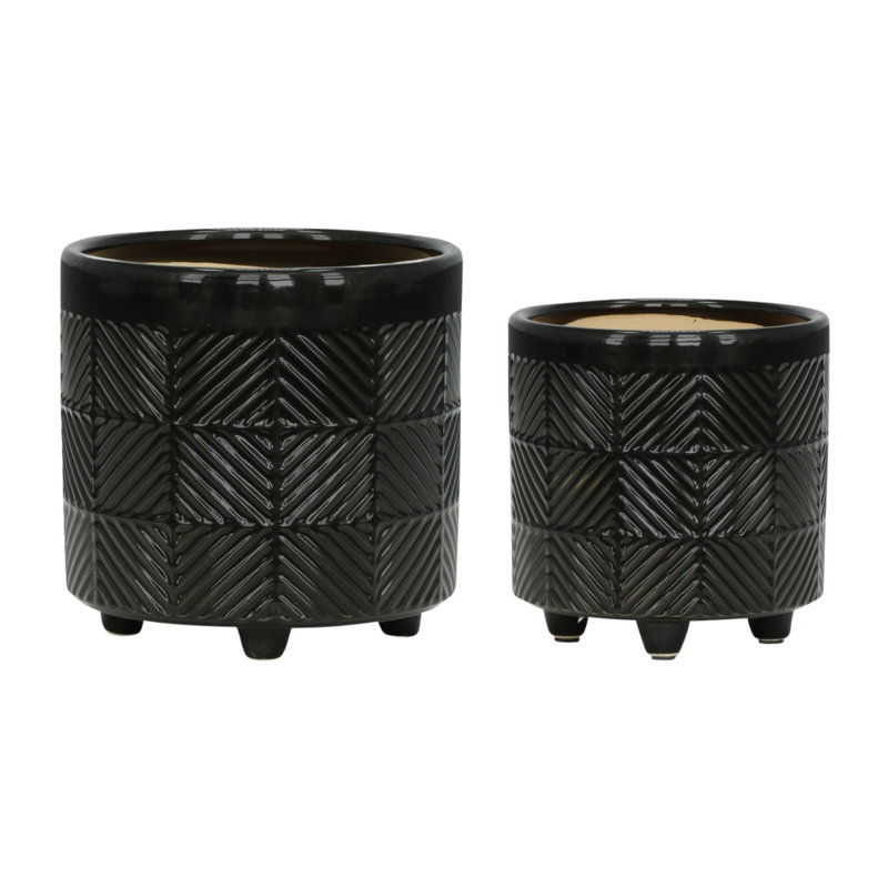S/2 6/8" TEXTURED PLANTERS, SHINY BLACK, Black