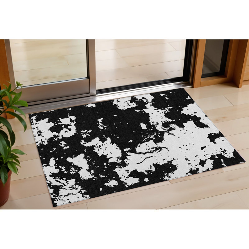 3' X 5' Black And Ivory Abstract Washable Indoor Outdoor Area Rug