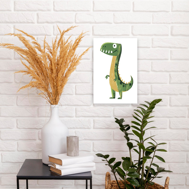 Happy Green Dinosaur Playful Contemporary Animal Wall Art Print 1 Piece Wrapped Canvas Wall Art, 45.72cm H x 30.48cm W