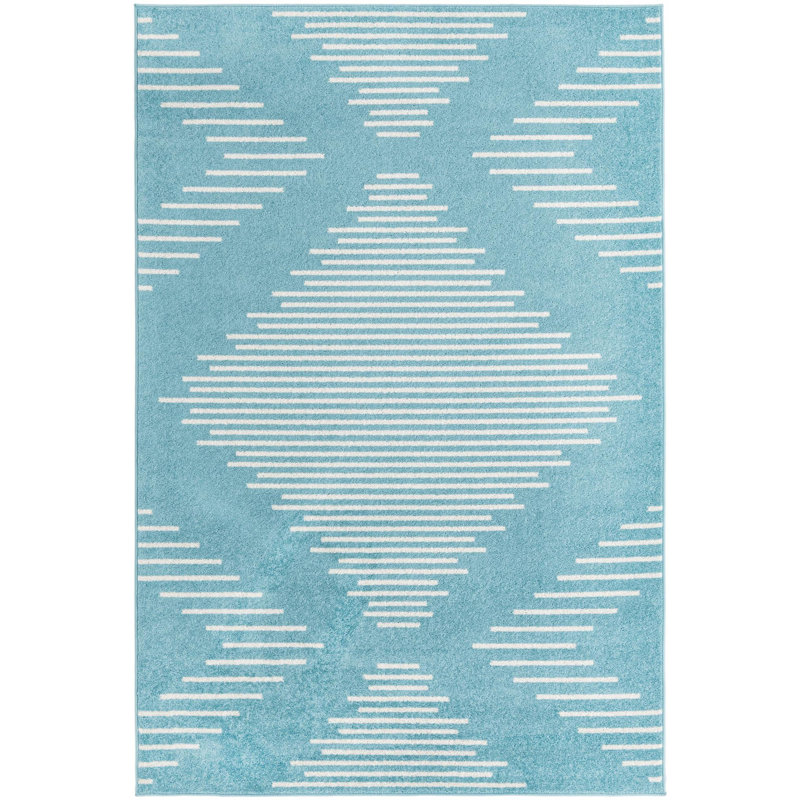 Tapis géométrique bleu clair en polypropylène tissé à la machine, Rectangle 6 pi x 9 pi
