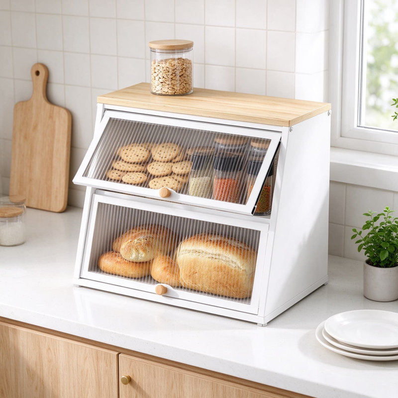 Boîte à pain pour comptoir de cuisine, contenant à pain en métal avec porte ondulée en acrylique, plateau en bambou, joint magnétique, boîte à pain à 2 niveaux, base antidérapante