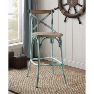 Chaise de bar finition turquoise antique et chêne antique