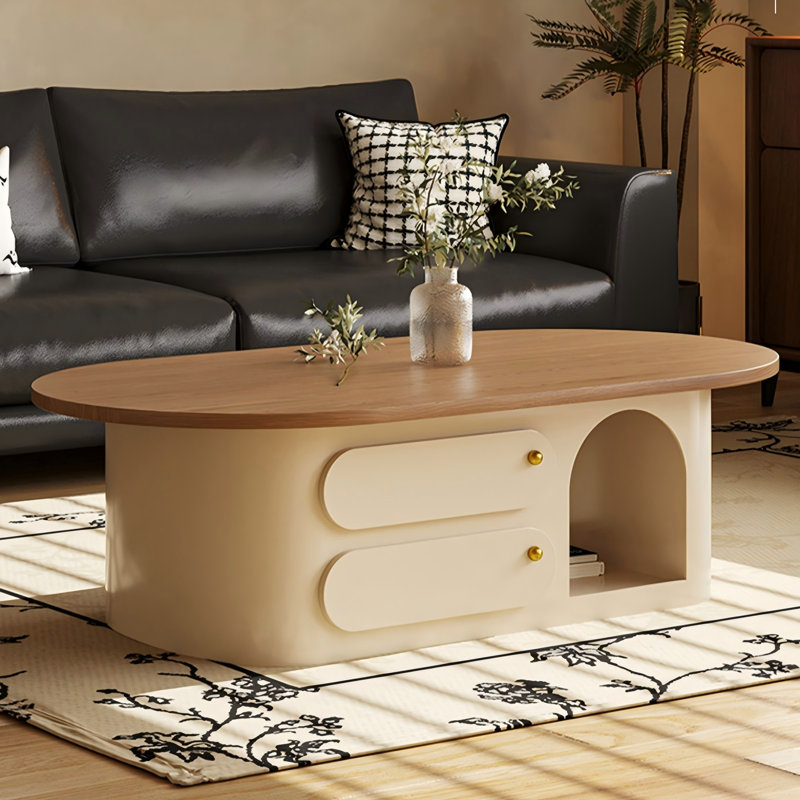 Table basse beige en acier au carbone massif et bois manufacturé, H 16,54 po x L 47,24 po x l 23,62 po