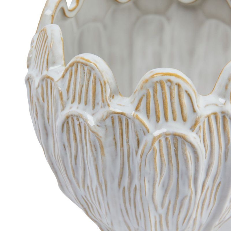 Debossed Stoneware Flower Shaped Planter in Reactive Glaze