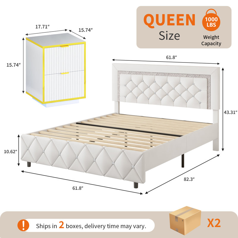 3 PC Faux Leather Diamond Tufted Platform Bed Set ,Bed Frame With Set Of 2 Modern Led End Table., Queen, White