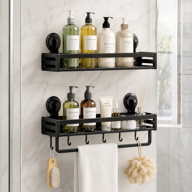 Serviteur de douche à ventouse avec barre et 5 crochets