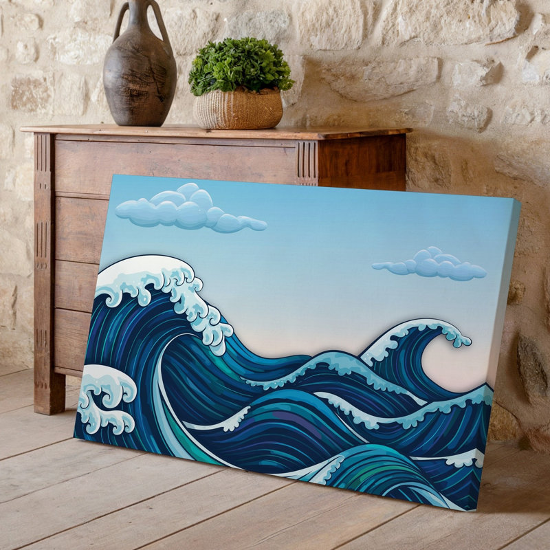 Toile, scène sereine de l'océan mettant en vedette des vagues tourbillonnantes stylisées dans des nuances variées de bleu profond et de sarcelle sur fond de toile