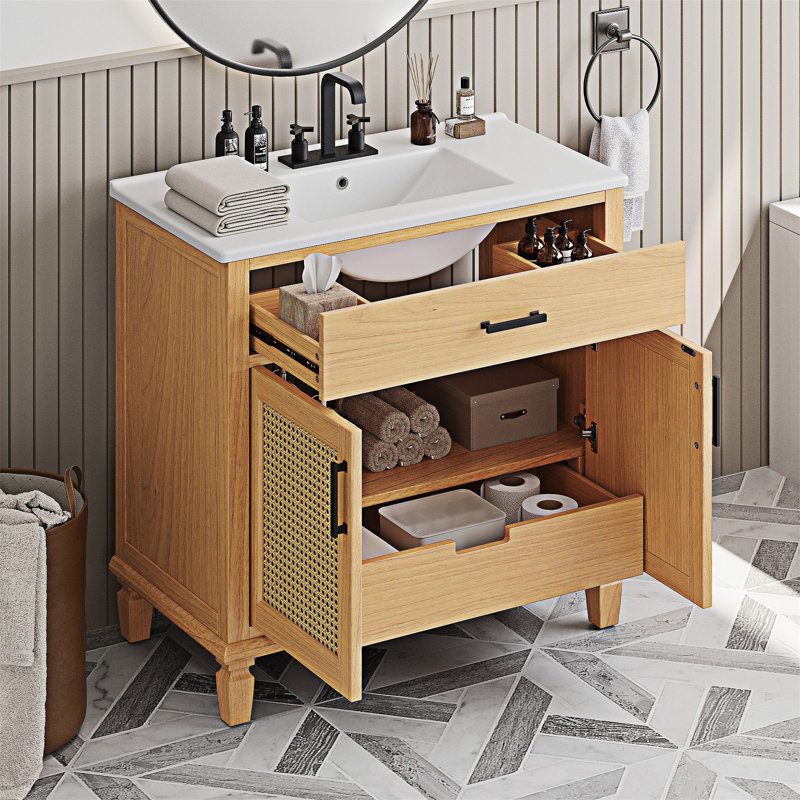Meuble-lavabo en rotin avec lavabo en céramique, meuble-lavabo avec portes et tiroirs à fermeture en douceur