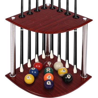8-Hole Freestanding Pool Cue Rack, Oak Billiard Stick Holder with Shelves