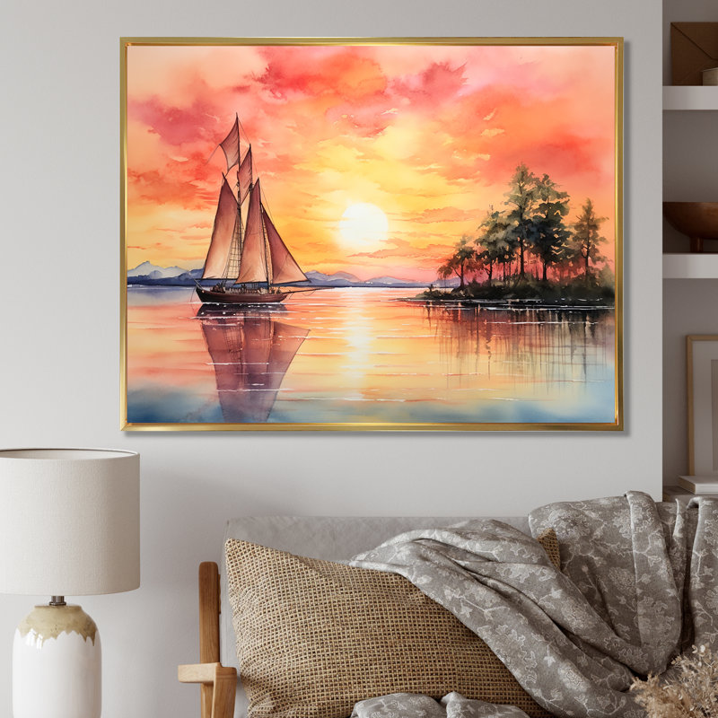 Couleurs pastel voilier coucher de soleil VI - bateau à voile, art mural, Cadre flottant doré, H 16 po x l 32 po x P 1 po