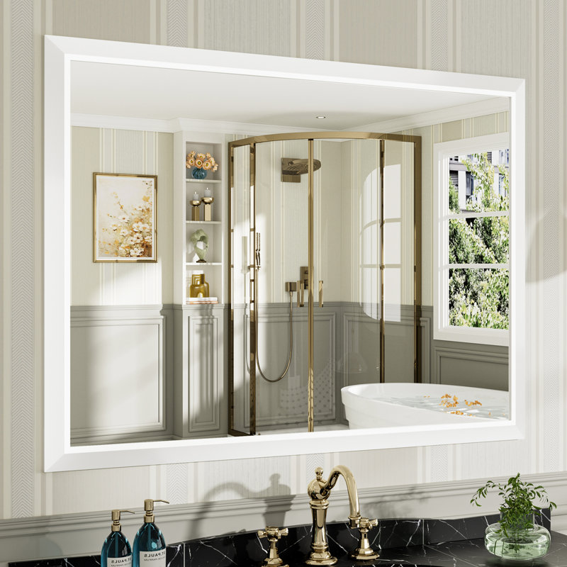 Miroirs de salle de bain modernes et contemporains en métal biseauté rectangulaire / carré avec verre trempé HD, Blanc