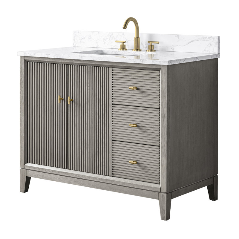 Meuble-lavabo autoportant à simple cuve 42 po avec plateau en marbre Caldwell, Doré brossé, Bois flottant gris