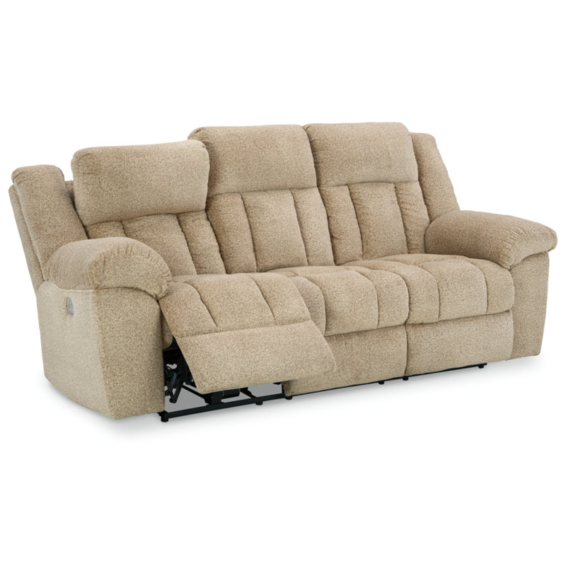 Beige Fabric Power Reclining Sofa with Pillow-Top Arms