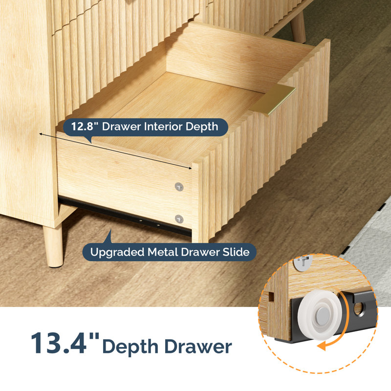 6 Drawer Cabinet With Fluted Panel RGB LED Light 47 Inch W, Oak