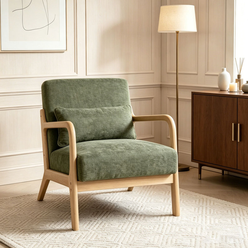 Fauteuil moderne, fauteuil d'appoint avec structure en bois massif, Army Green/Natual