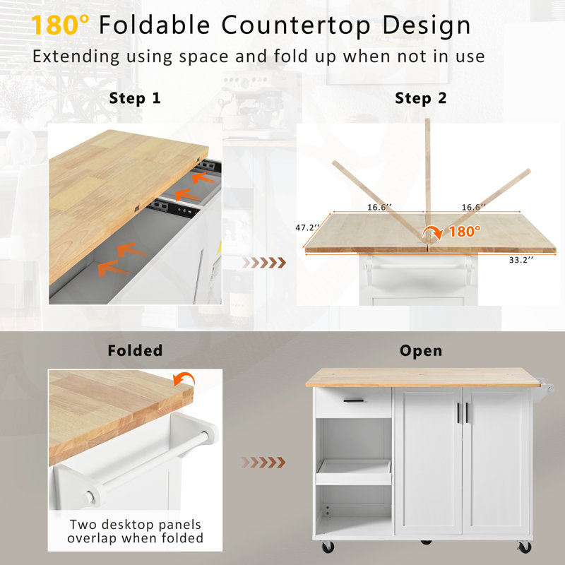 Îlot de cuisine multifonctionnel avec comptoir pliable, chariot de rangement et roulettes pour plus d'espace et de commodité