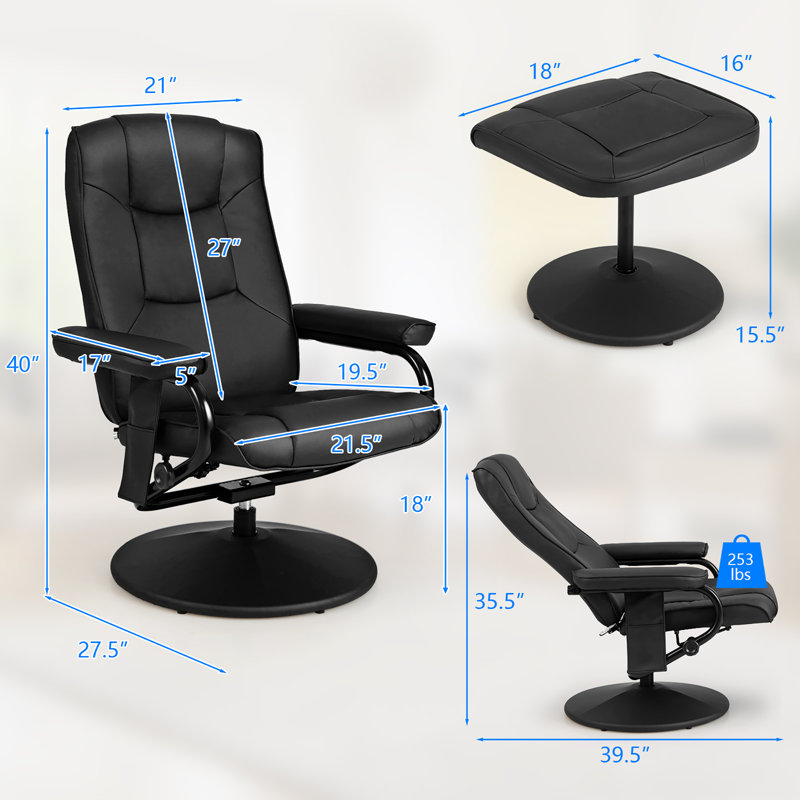 Fauteuil inclinable ergonomique 31,5 po en similicuir, Noir, Similicuir noir