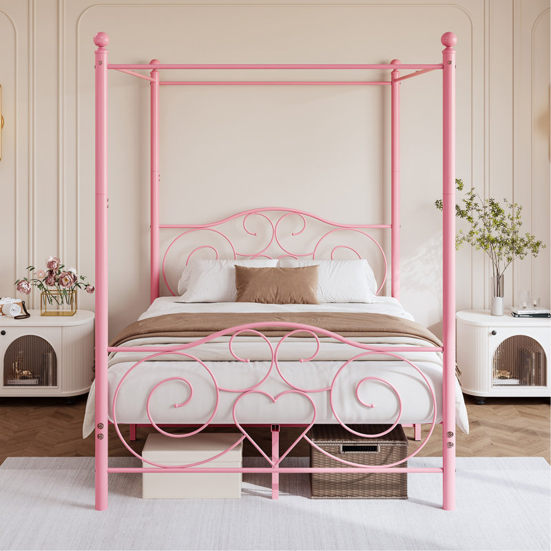 Metal Canopy Bed Frame With Vintage Style Headboard & Footboard, Easy Assembly All Parts Included, Queen Pink