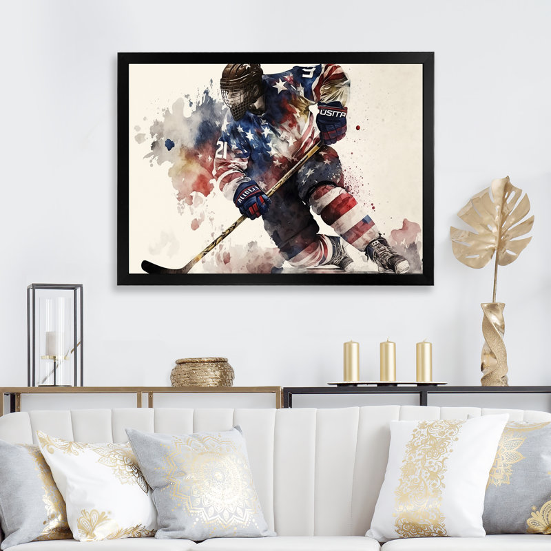 «Usa Hockey Player In Action III», reproduction sur toile, H 12 po x l 20 po x P 1 po, Impression noire sur toile encadrée