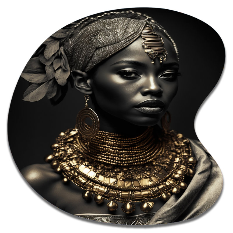 African American Queen With Traditional Jewelry VI - African American Woman Asymetrical Drop Shape, 27" H x 27" W x 1" D