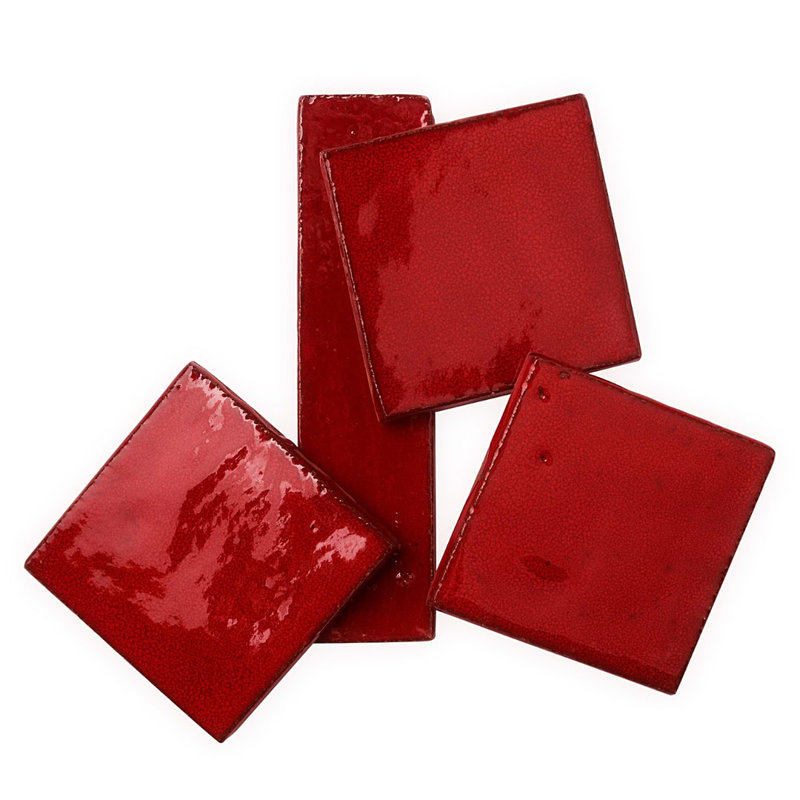 Emery 4x4 Square Handmade Crackled Glossy Terracotta Tile, Selenium Red